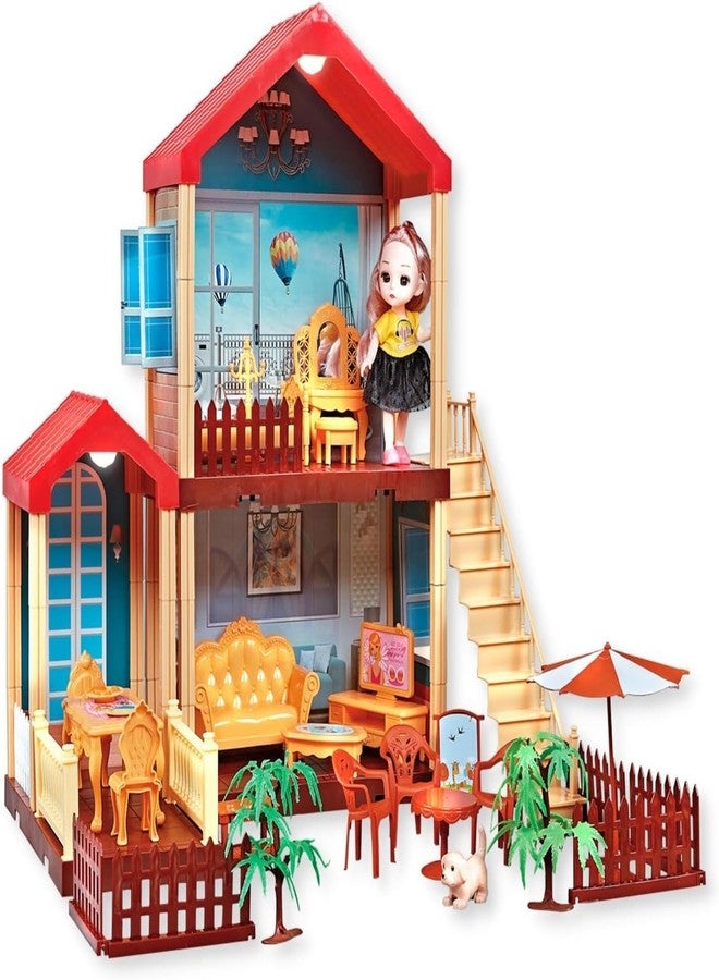 GIPTOC 3 Rooms Large 2 Floors Dollhouse Playset, Girls Doll House with Doll, Stairs, Furniture, and Accessories, Red - Image 1